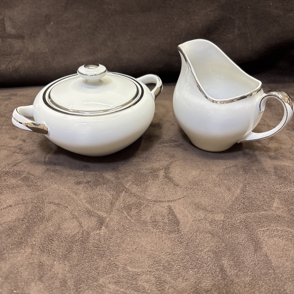 Vintage MODERNE Sugar Bowl and Creamer Fine China Silver Trim #3545